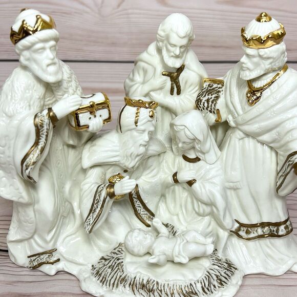 VTG Enesco Porcelain Nativity Scene Light Lamp White/Gold Christmas Holy Family - Picture 3 of 12